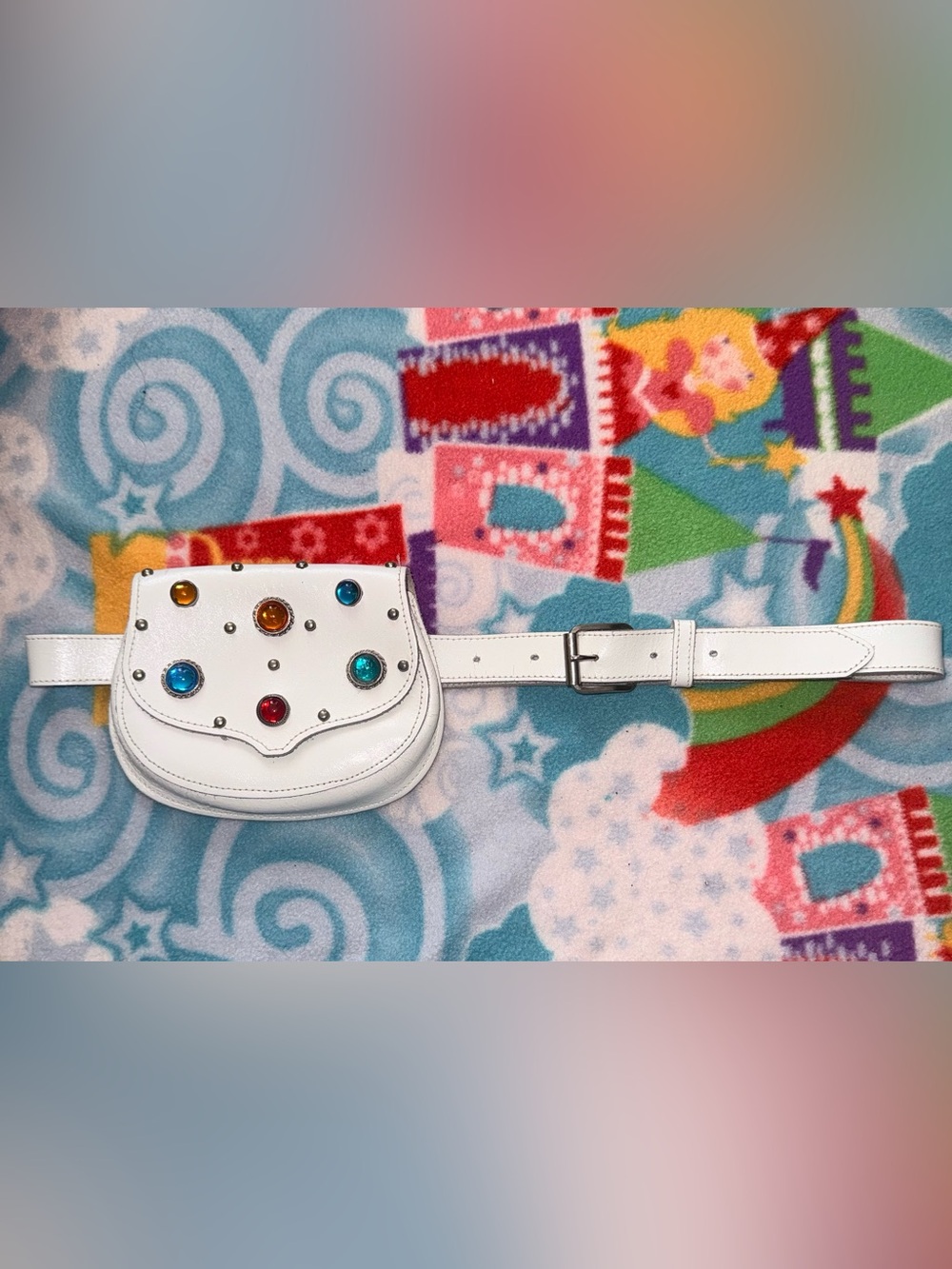 Vintage Chico's White Faux Leather Belt Bag with Multicolor Gem Accents